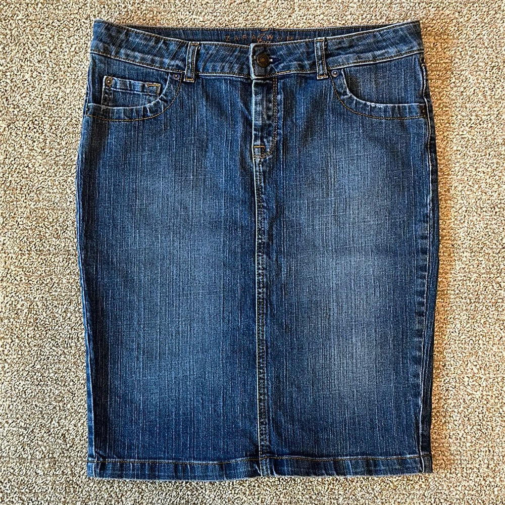 Zara Woman Embellished Midi Knee Length Denim Blue Jean Pencil Skirt sz 10